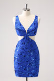 Sparkly Royal Blue Tight Hollow Out Sequin Short Homecoming Dress with Lace Up Back