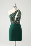 Sparkly Dark Green Bodycon One Shoulder Pleated Short Homecoming Dress with Sequins