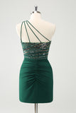 Sparkly Dark Green Bodycon One Shoulder Pleated Short Homecoming Dress with Sequins