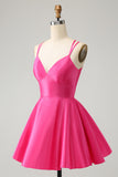 Fuchsia A Line Spaghetti Straps Backless Short Homecoming Dress