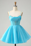 Blue A Line Spaghetti Straps Corset Short Homecoming Dress with Beading