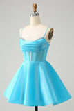 Blue A Line Spaghetti Straps Corset Short Homecoming Dress with Beading