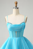 Blue A Line Spaghetti Straps Corset Short Homecoming Dress with Beading