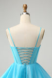 Blue A Line Spaghetti Straps Corset Short Homecoming Dress with Beading