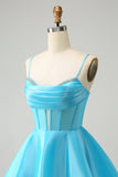 Blue A Line Spaghetti Straps Corset Short Homecoming Dress with Beading