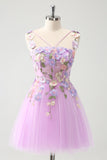 Gorgeous Purple A Line Corset Short Homecoming Dress with 3D Flowers