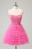 Pink A Line Spaghetti Straps Tiered Corset Short Homecoming Dress with Sequins