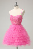 Pink A Line Spaghetti Straps Tiered Corset Short Homecoming Dress with Sequins