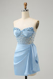 Stylish Blue Sweetheart Pleated Corset Short Tight Homecoming Dress with Beading