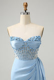 Stylish Blue Bodycon Sweetheart Pleated Corset Short Homecoming Dress with Beading