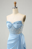 Stylish Blue Bodycon Sweetheart Pleated Corset Short Homecoming Dress with Beading