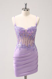 Unique Glitter Purple Corset Pleated Tight Homecoming Dress with Sequins