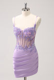 Unique Glitter Purple Corset Pleated Tight Homecoming Dress with Sequins