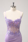 Unique Glitter Purple Corset Pleated Tight Homecoming Dress with Sequins