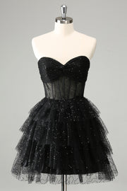 Cute Sparkly Black A Line Sweetheart Pleated Corset Homecoming Dress with Sequins