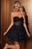 Sparkly Black A Line Sweetheart Pleated Corset Cute Homecoming Dress with Sequins