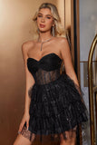 Sparkly Black A Line Sweetheart Pleated Corset Cute Homecoming Dress with Sequins