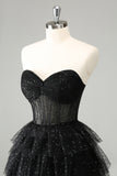 Cute Sparkly Black A Line Sweetheart Pleated Corset Homecoming Dress with Sequins