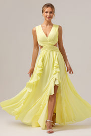 Lemon Yellow A Line V Neck Hollow Out Ruffle Pleated Long Bridesmaid Dress with Slit