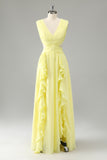 Lemon Yellow A Line V Neck Ruffle Pleated Wedding Party Guest Dress with Lace Up Back