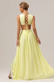 Lemon Yellow A Line V Neck Hollow Out Ruffle Pleated Long Bridesmaid Dress with Slit