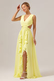 Lemon Yellow A Line V Neck Hollow Out Ruffle Pleated Long Bridesmaid Dress with Slit