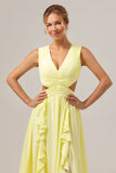 Lemon Yellow A Line V Neck Hollow Out Ruffle Pleated Long Bridesmaid Dress with Slit