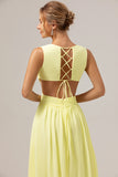 Lemon Yellow A Line V Neck Hollow Out Ruffle Pleated Long Bridesmaid Dress with Slit