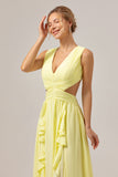 Lemon Yellow A Line V Neck Hollow Out Ruffle Pleated Long Bridesmaid Dress with Slit