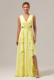 Lemon Yellow A Line V Neck Hollow Out Ruffle Pleated Long Bridesmaid Dress with Slit