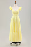 Simple Lemon Yellow A Line Pleated Chiffon Wedding Party Guest Dress with Ruffles