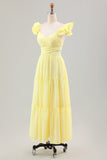 Simple Lemon Yellow A Line Pleated Chiffon Wedding Party Guest Dress with Ruffles