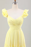 Simple Lemon Yellow A Line Pleated Chiffon Wedding Party Guest Dress with Ruffles