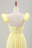 Simple Lemon Yellow A Line Pleated Chiffon Wedding Party Guest Dress with Ruffles