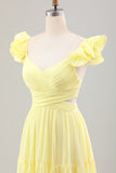 Simple Lemon Yellow A Line Pleated Chiffon Wedding Party Guest Dress with Ruffles