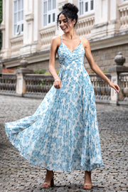 White Blue Flower A Line Spaghetti Straps Print Pleated Maxi Dress