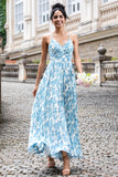 White Blue Flower A Line Spaghetti Straps Print Pleated Maxi Dress