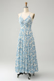 White Blue Flower A Line Spaghetti Straps Print Pleated Long Bridesmaid Dress