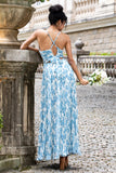 White Blue Flower A Line Spaghetti Straps Print Pleated Maxi Dress