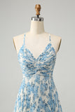 White Blue Flower A Line Spaghetti Straps Print Pleated Long Bridesmaid Dress