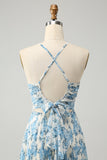 White Blue Flower A Line Spaghetti Straps Print Pleated Long Bridesmaid Dress