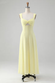 Lemon Yellow A Line Square Neck Keyhole Long Bridesmaid Dress