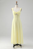 Lemon Yellow A Line Square Neck Keyhole Long Bridesmaid Dress