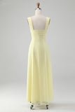 Lemon Yellow A Line Square Neck Keyhole Long Bridesmaid Dress