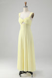 Lemon Yellow A Line Square Neck Keyhole Long Bridesmaid Dress