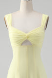 Lemon Yellow A Line Square Neck Keyhole Long Bridesmaid Dress