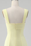 Lemon Yellow A Line Square Neck Keyhole Long Bridesmaid Dress