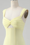 Lemon Yellow A Line Square Neck Keyhole Long Bridesmaid Dress