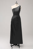 Dark Green Sheath One Shoulder Satin Long Bridsmaid Dress