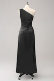 Dark Green Sheath One Shoulder Satin Long Bridsmaid Dress